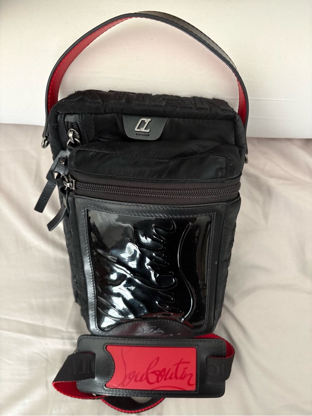 Christian Louboutin Black Patent Front Leather Backpack Bag with Red Interior